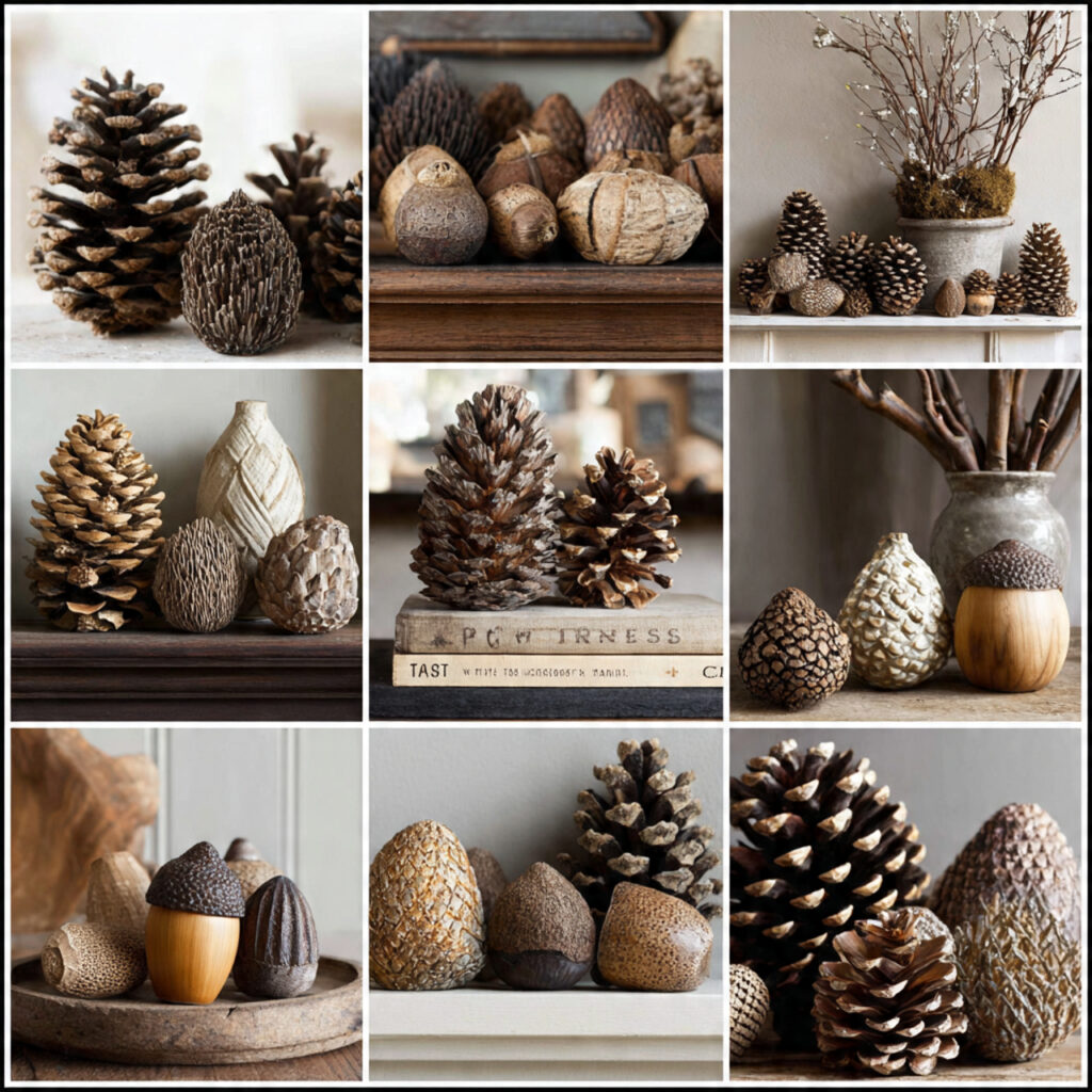 thanksgiving d cor using pinecones and acorns scattered