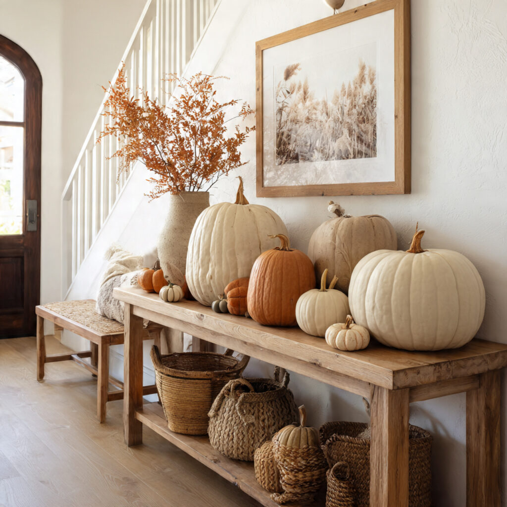 thanksgiving entryway table decorated with a group