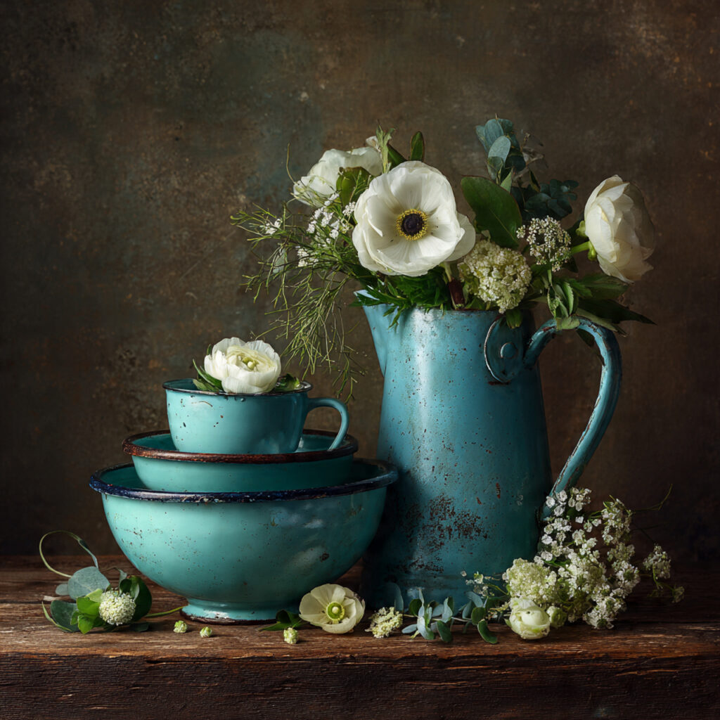 vintage enamel bowls and pitchers styled with flow
