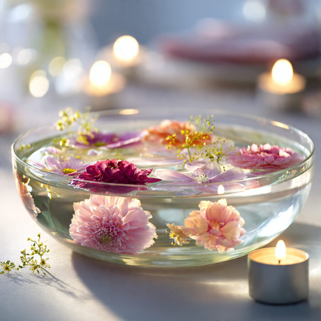 wide shallow bowl filled with water floating flowe