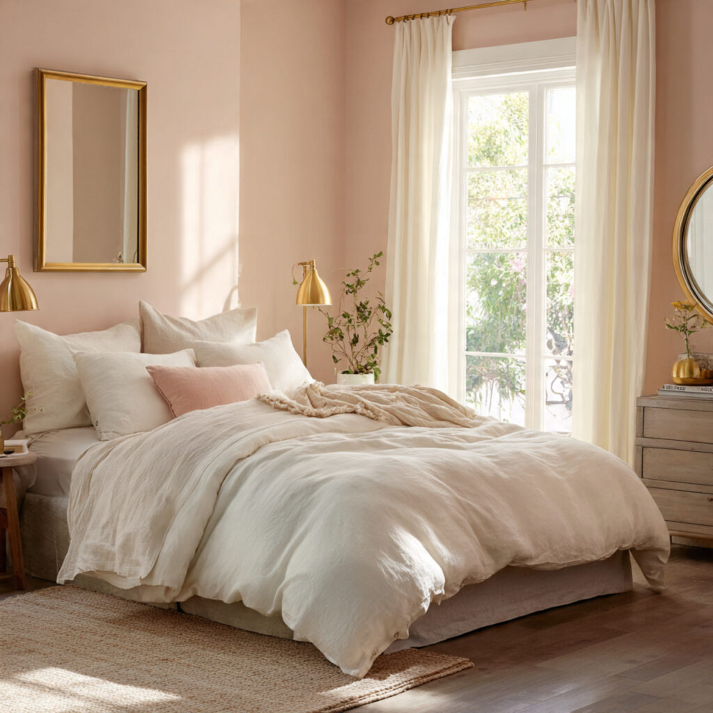 Blush Pink Walls With White Linen Bedding and Warm Gold Accents