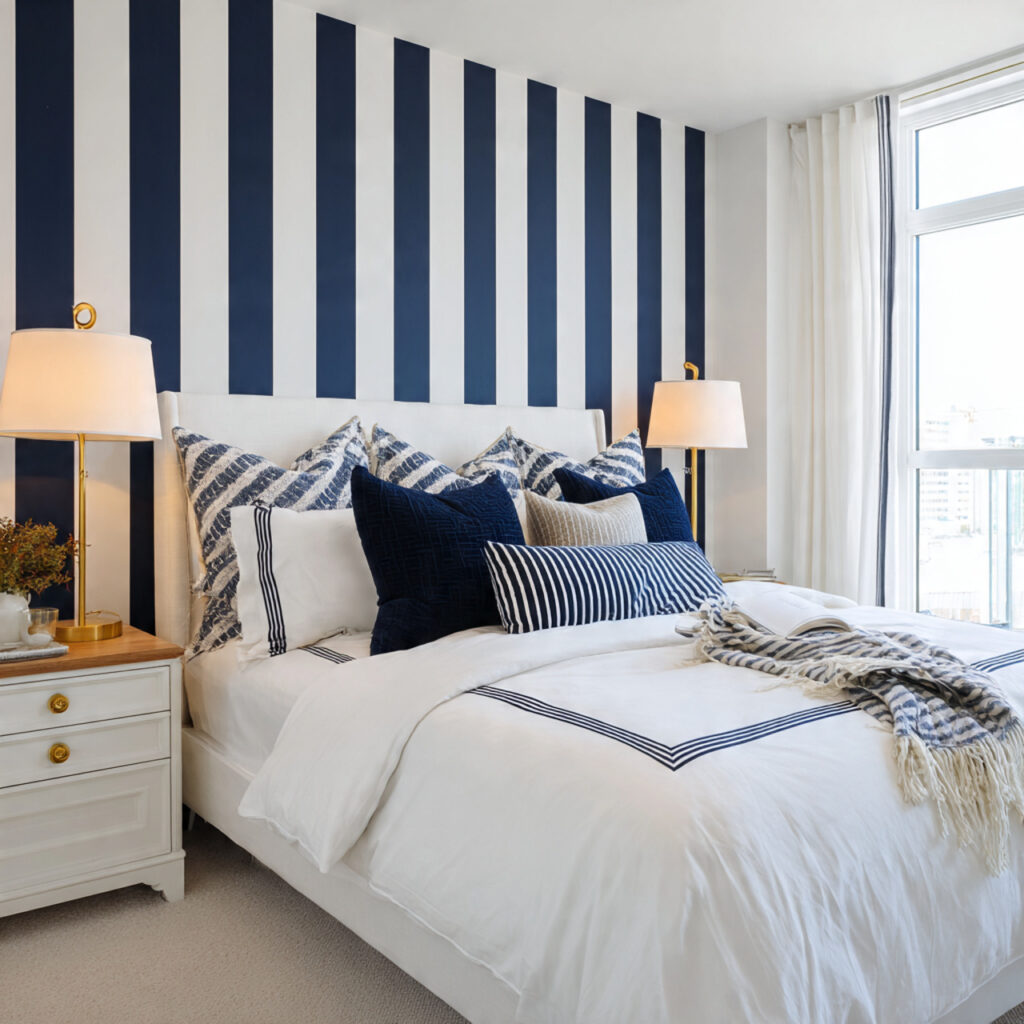 Navy and White Stripe Accent Wall With Classic Bedding Setup