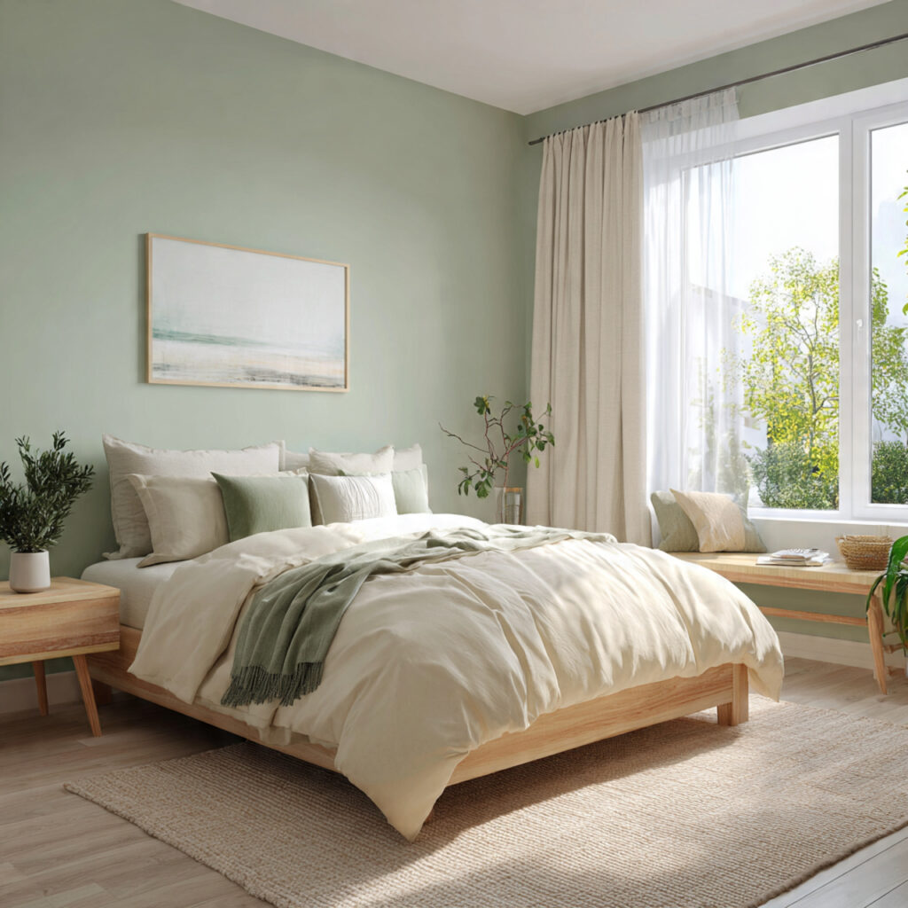 26 Green Bedroom Ideas That Bring Nature, Calm, and Fresh Energy Into Your Bedroom Try This Look 2 Paint the Walls in Soft Sage Green