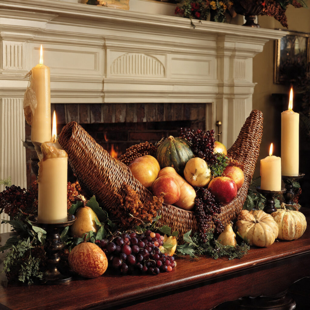 22 Fall Mantel Decorating Ideas for a Cozy Seasonal Refresh 11 Cornucopia Focal Point