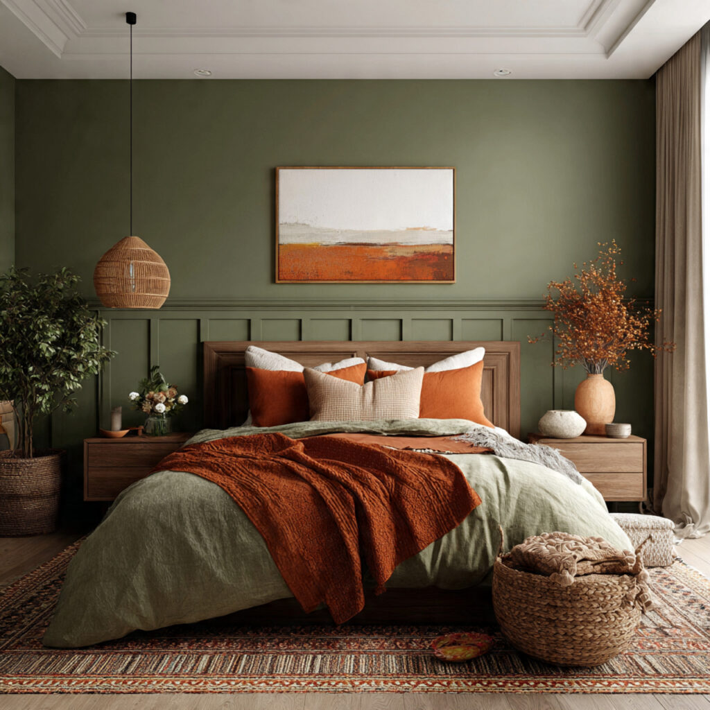 26 Green Bedroom Ideas That Bring Nature, Calm, and Fresh Energy Into Your Bedroom Try This Look 11 Add a Terracotta and Green Color Combination