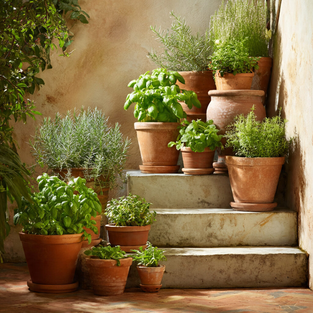 Potted Herb Garden on the Porch Steps