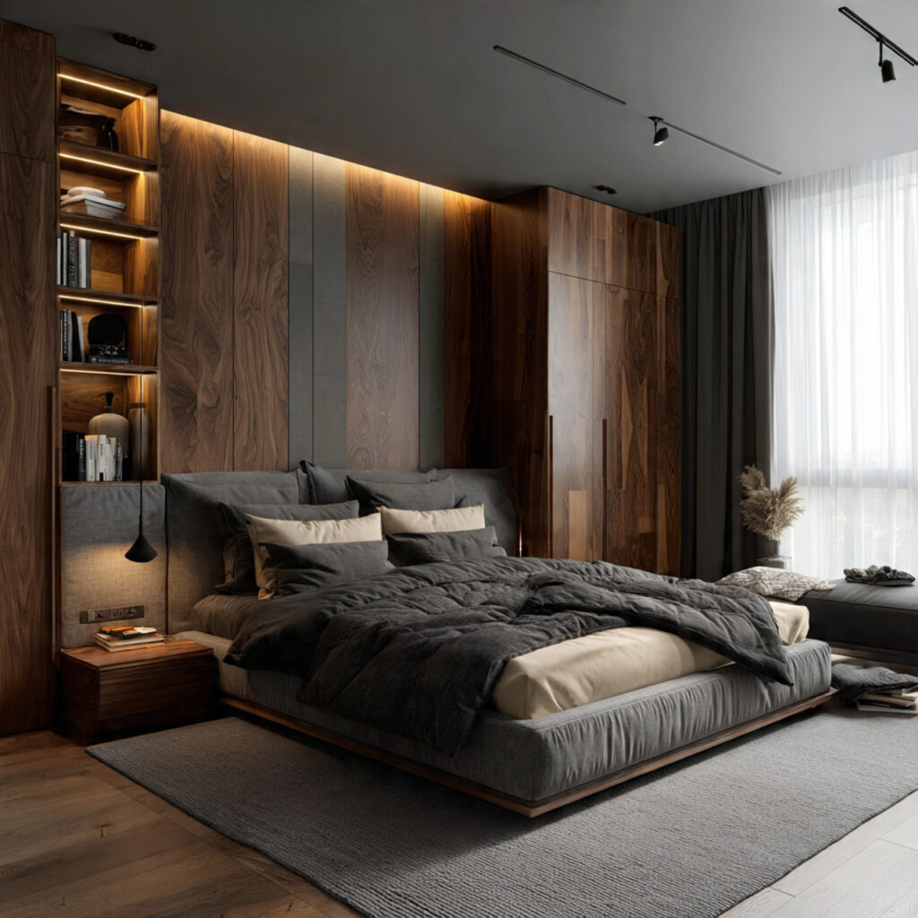 24 Bedroom Ideas for Men That Look Clean, Stylish, and Masculine Upgrade Your Space Today 11 Dark Walnut Furniture With Charcoal and Cream Bedding