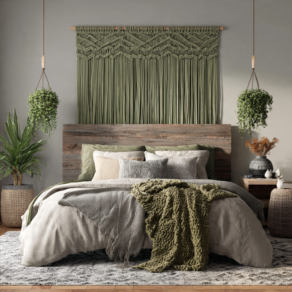 26 Green Bedroom Ideas That Bring Nature, Calm, and Fresh Energy Into Your Bedroom Try This Look 12 Hang a Green Macrame or Woven Wall Hanging