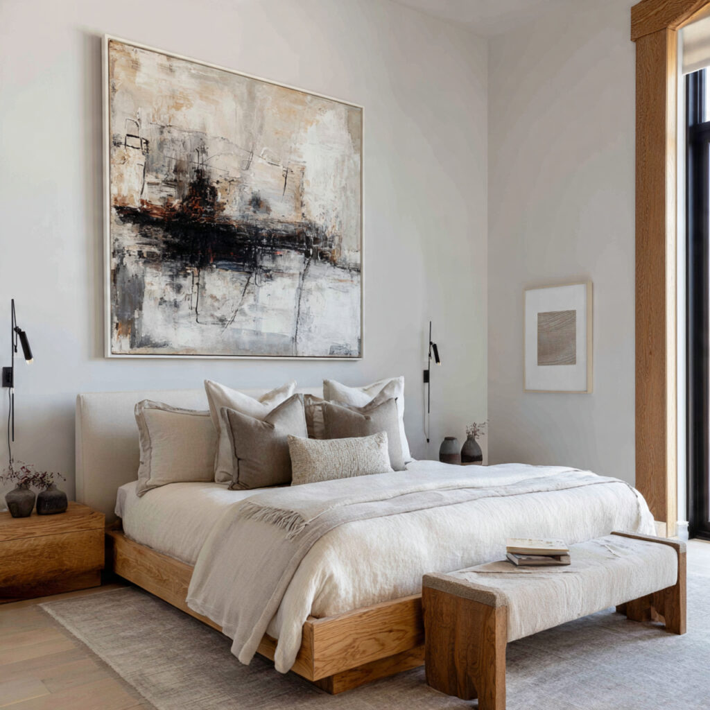 28 Bedroom Ideas 2026 That Bring Modern Trends and Fresh Style Into Your Space Stay Ahead Now 12 Hang Oversized Abstract Art Above the Bed