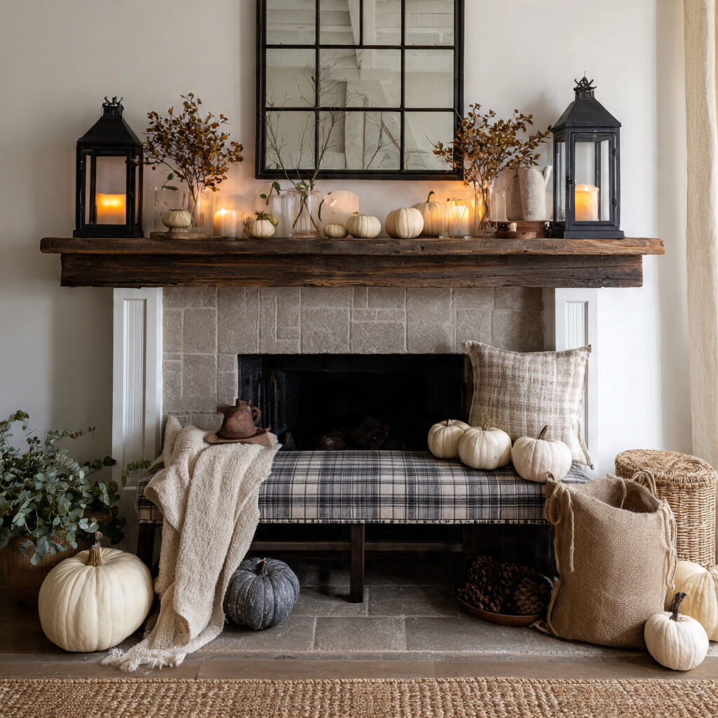 22 Fall Mantel Decorating Ideas for a Cozy Seasonal Refresh 12 Plaid and Burlap Layers