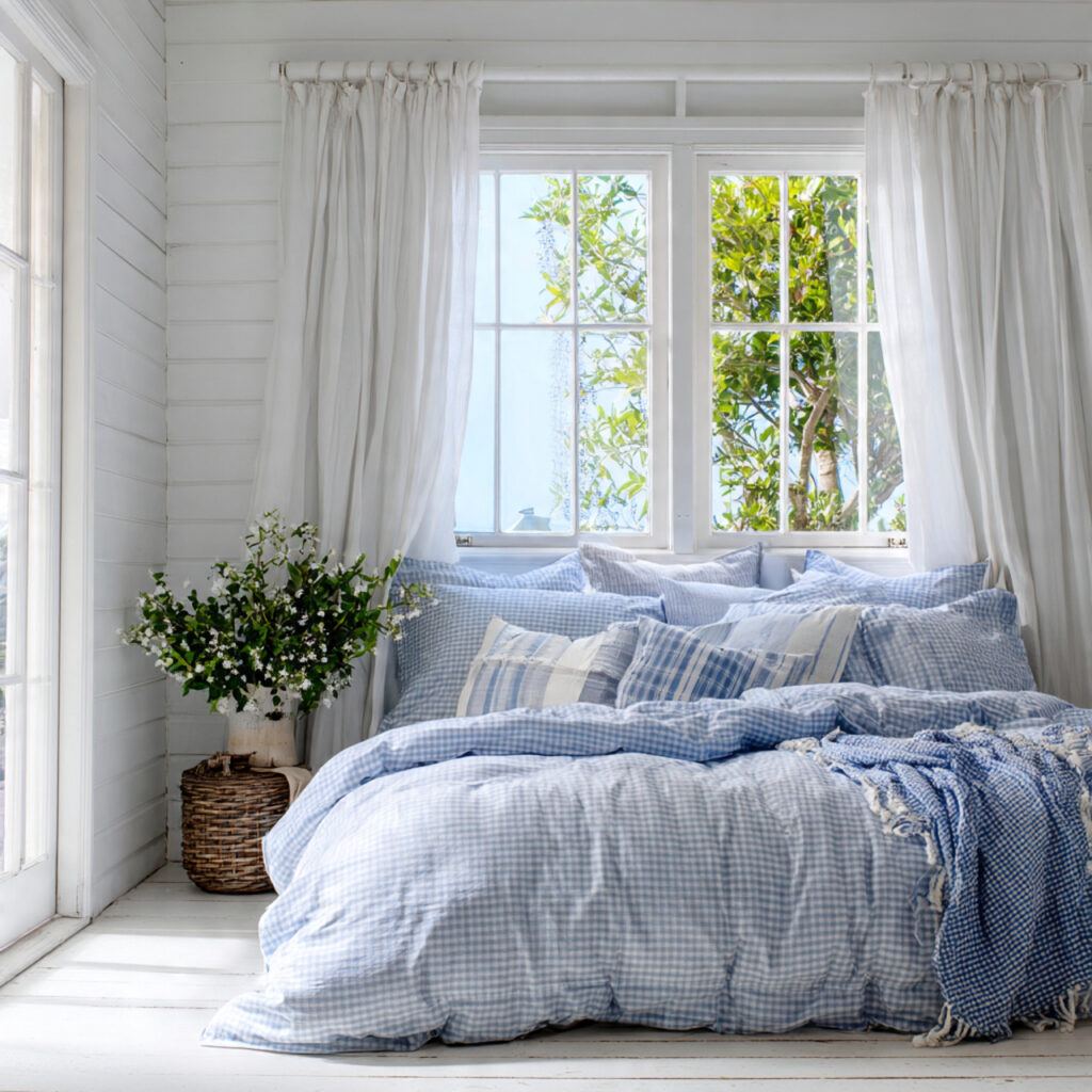 Seersucker Stripe Bedding and Soft Blue Summer Setup