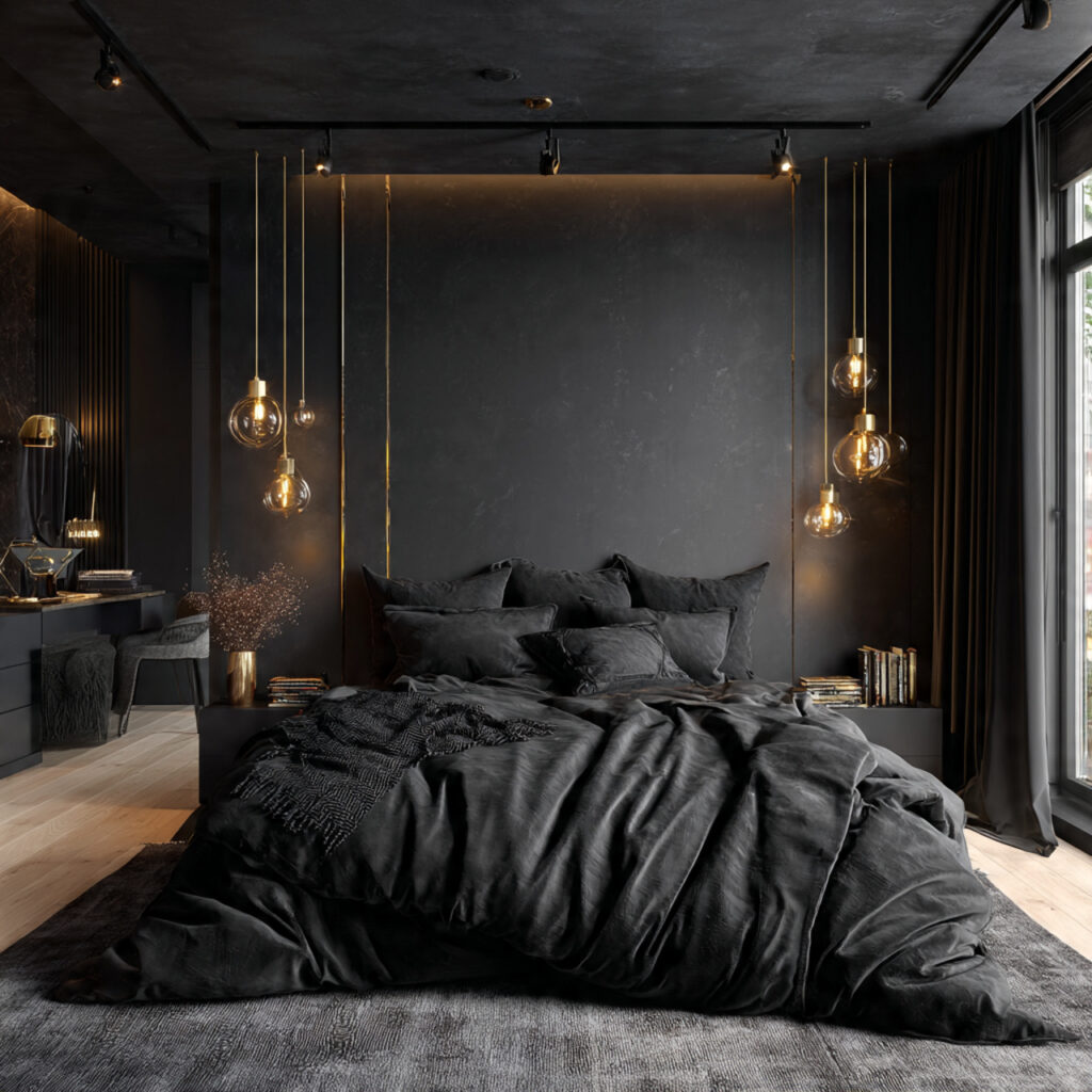 24 Bedroom Ideas for Men That Look Clean, Stylish, and Masculine Upgrade Your Space Today 13 Luxe All-Black Bedroom With Texture Variation