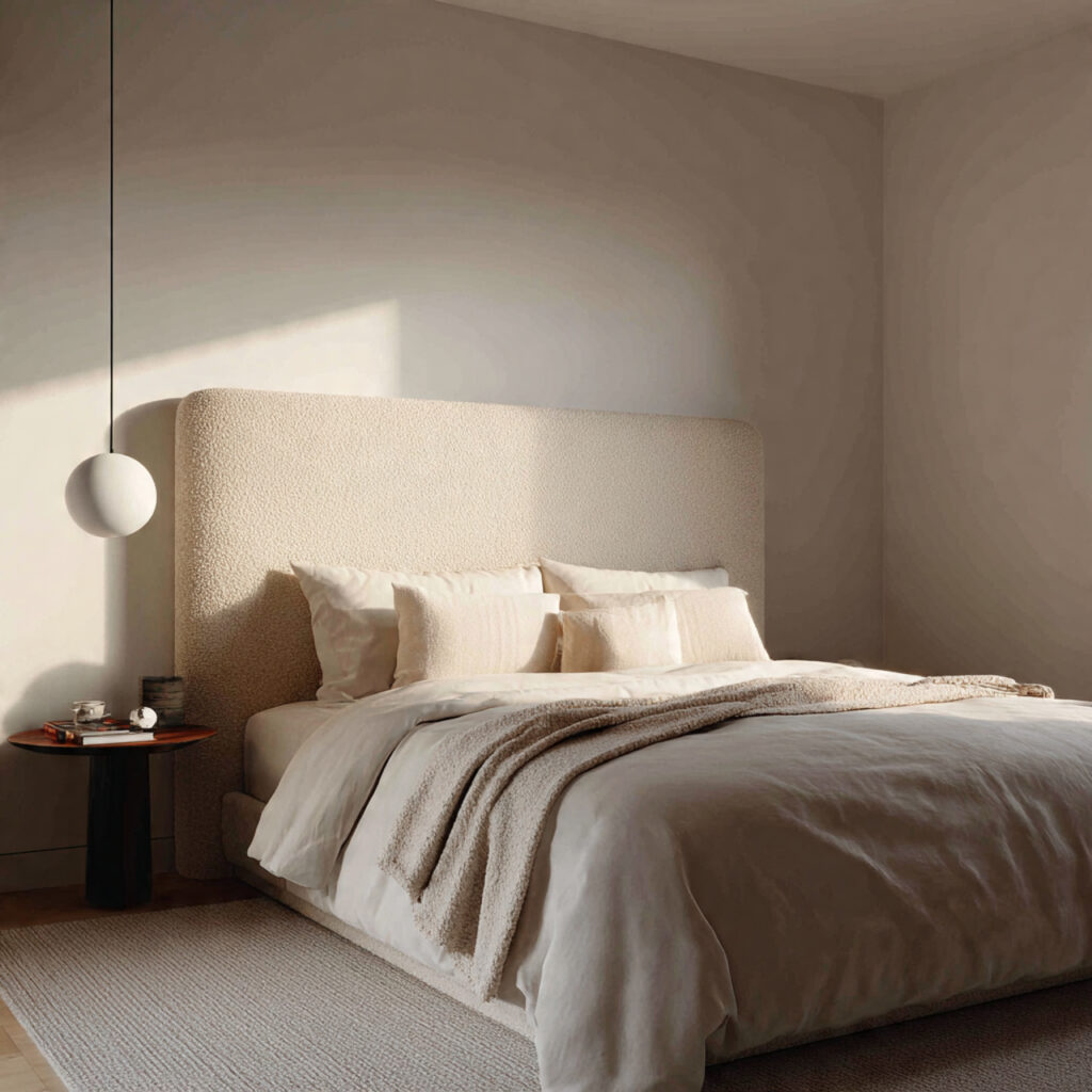 27 Modern Bedroom Ideas That Create a Sleek, Elegant, and Pinterest-Perfect Space Instantly 13 Add a Boucle or Textured Upholstered Headboard