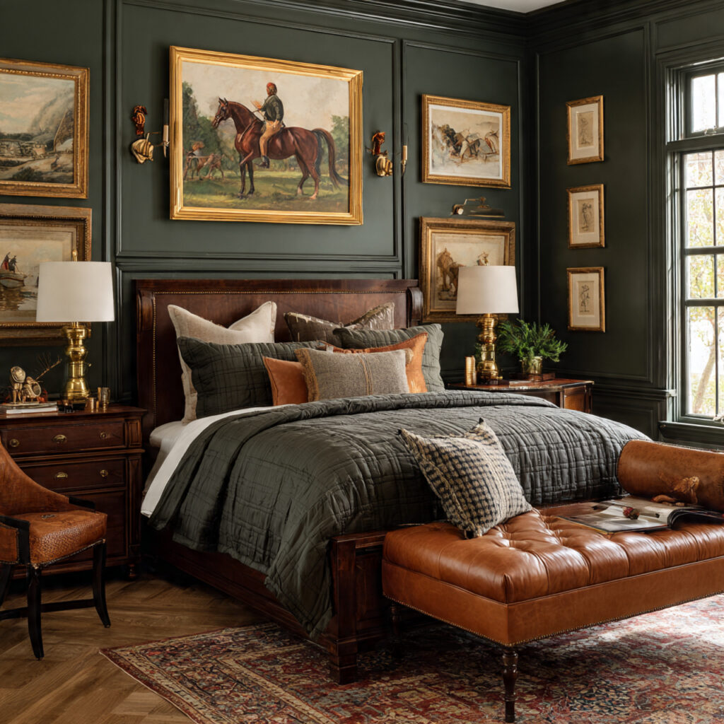 Preppy Equestrian Bedroom With Rich Green and Leather Accents