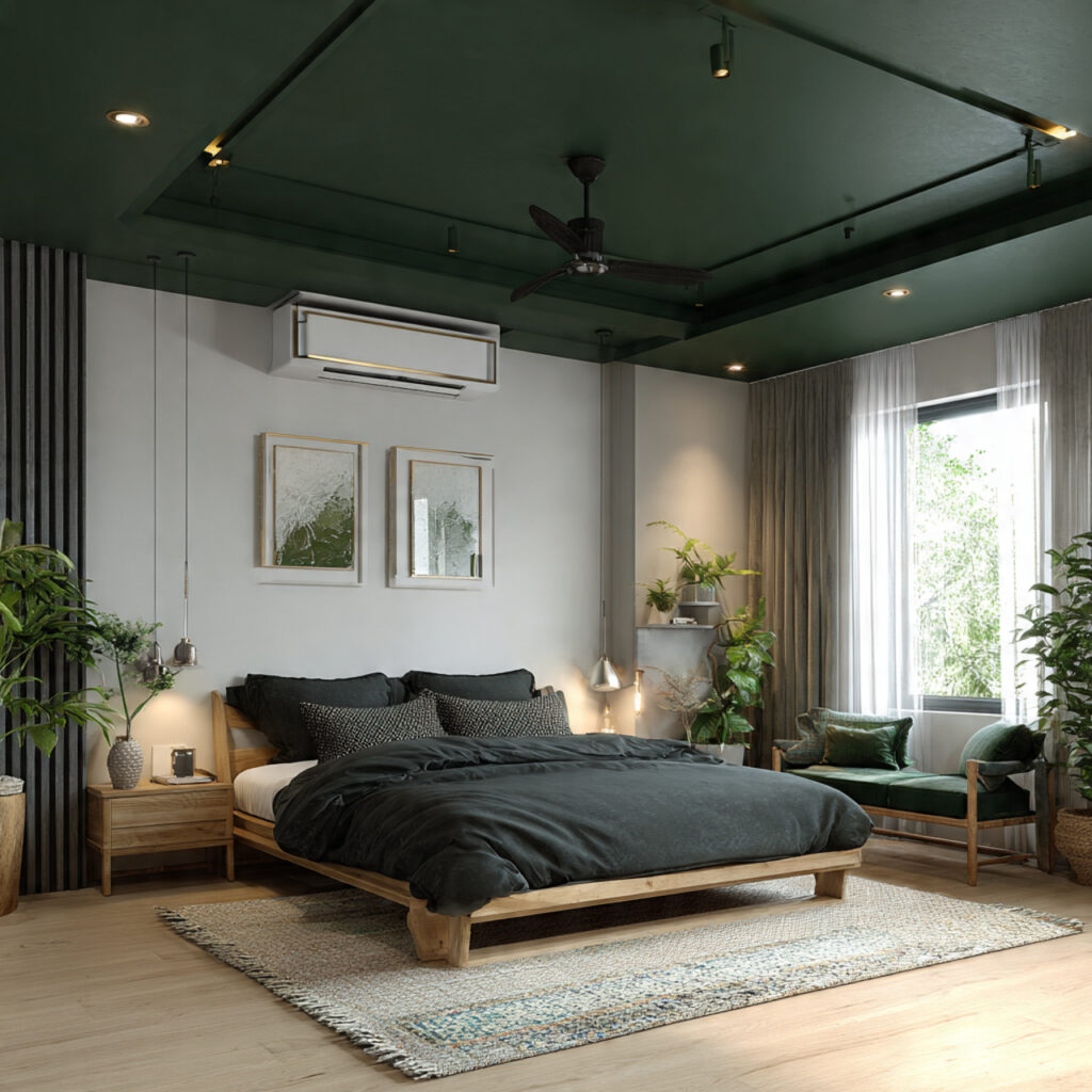26 Green Bedroom Ideas That Bring Nature, Calm, and Fresh Energy Into Your Bedroom Try This Look 13 Use a Dark Green Painted Ceiling