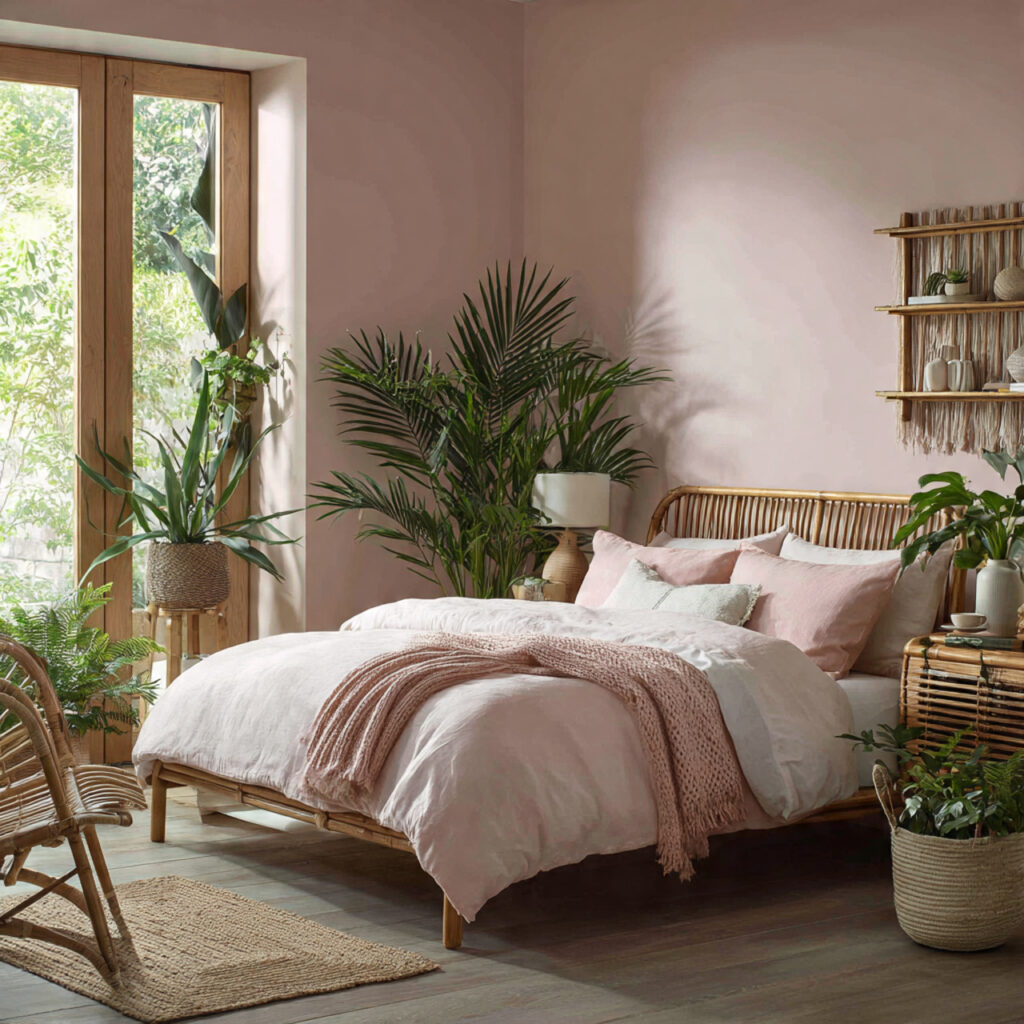 Pale Pink Bedroom With Rattan Furniture and Tropical Plant Styling