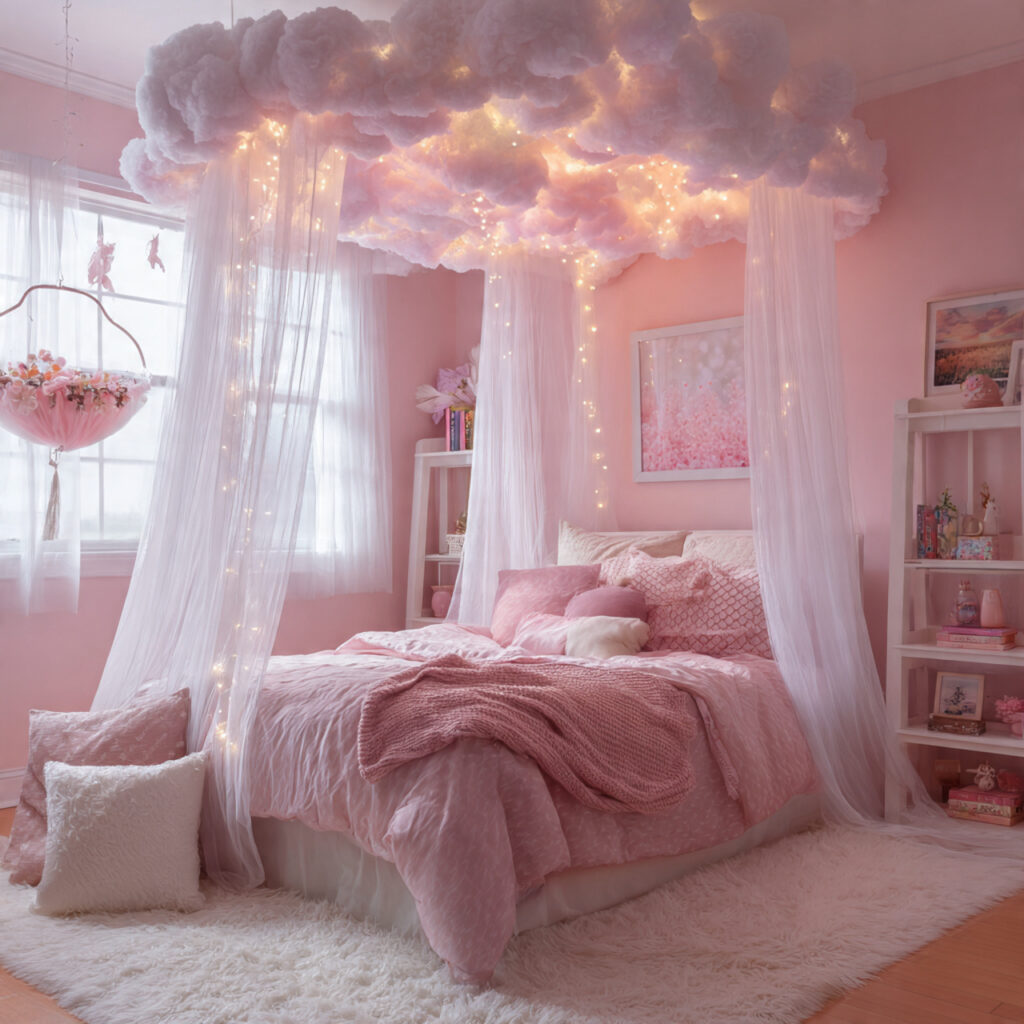 Cotton Candy Pink Bedroom With Cloud Canopy Ceiling