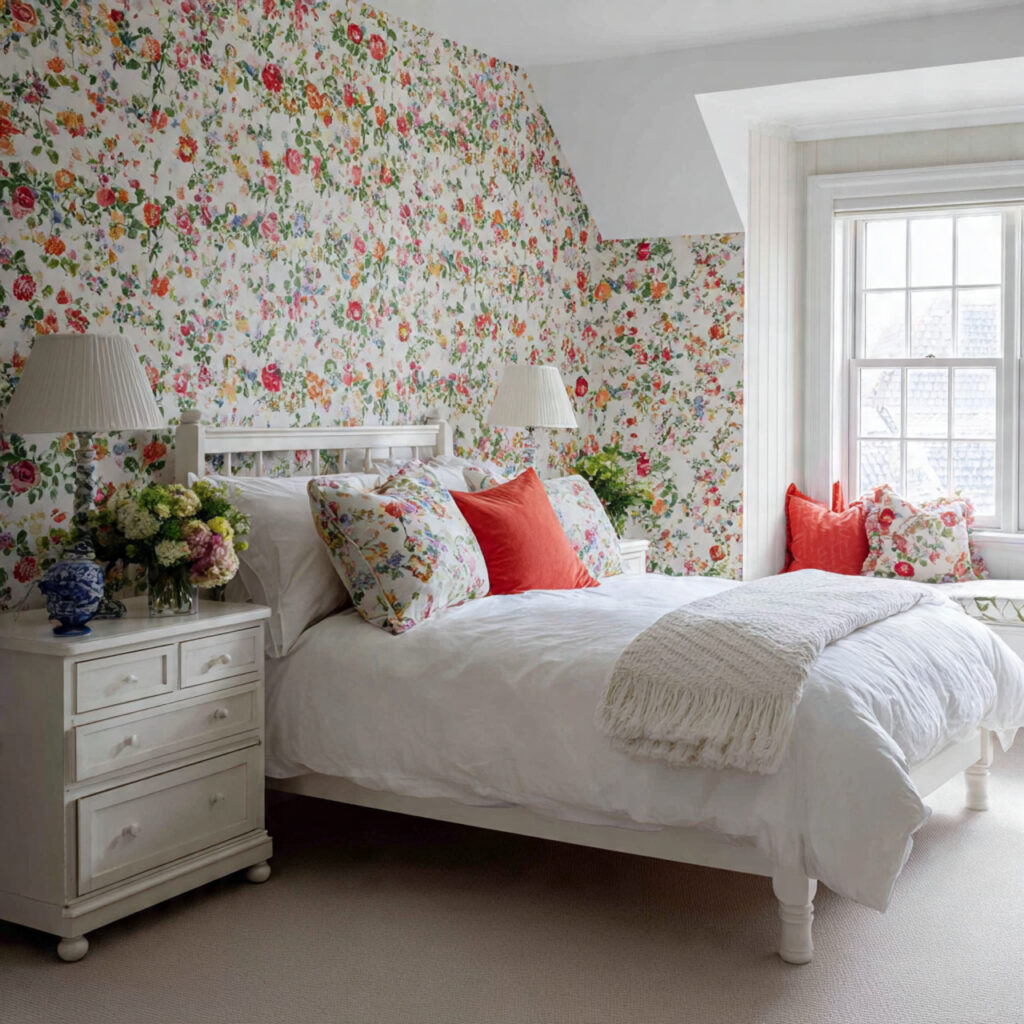 Bold Floral Chintz Wallpaper and Classic White Furniture Setup