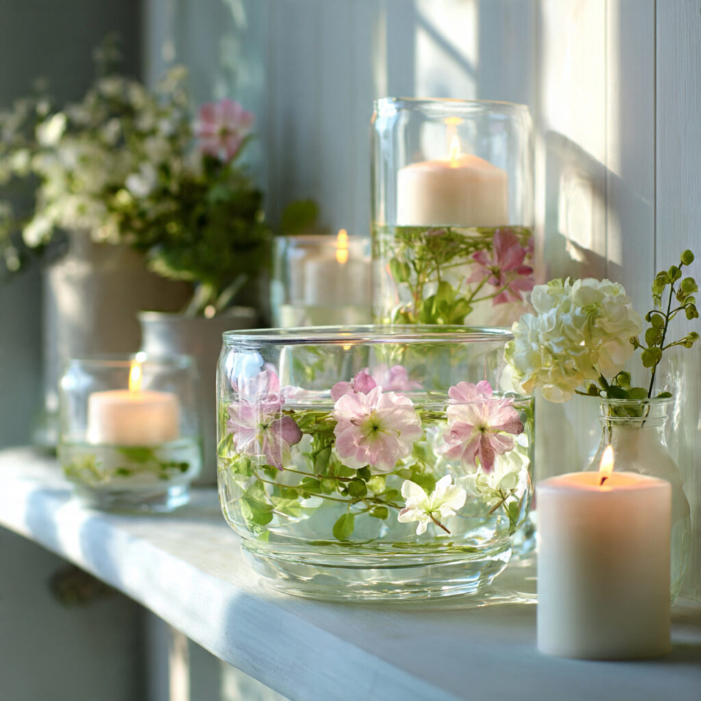 Glass Vessels With Summer Botanicals and Candle