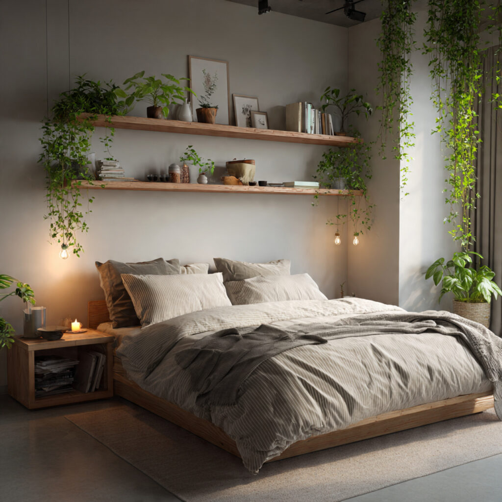 26 Green Bedroom Ideas That Bring Nature, Calm, and Fresh Energy Into Your Bedroom Try This Look 14 Style a Green Plant Shelf Above the Bed