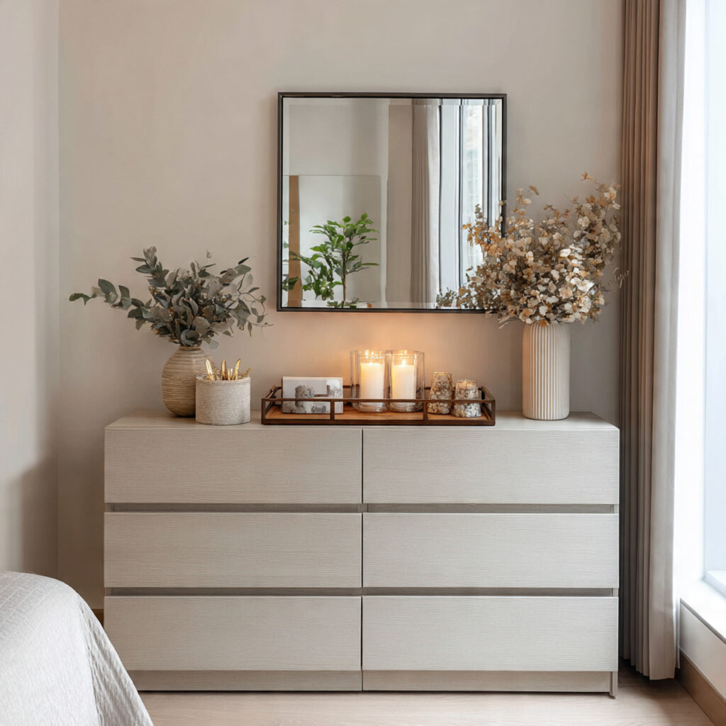 27 Modern Bedroom Ideas That Create a Sleek, Elegant, and Pinterest-Perfect Space Instantly 14 Style an Uncluttered Dresser Top as a Design Vignette