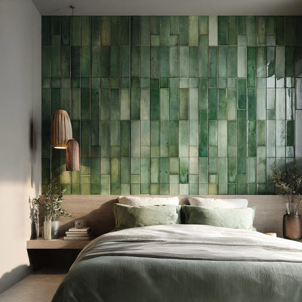 26 Green Bedroom Ideas That Bring Nature, Calm, and Fresh Energy Into Your Bedroom Try This Look 15 Choose Green Tiles or a Green Paneled Bedhead Wall