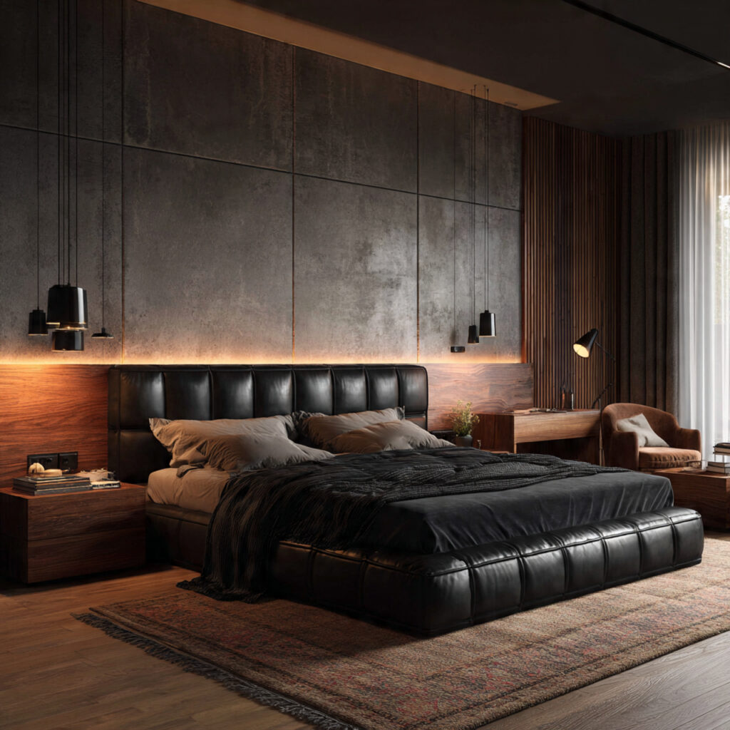 24 Bedroom Ideas for Men That Look Clean, Stylish, and Masculine Upgrade Your Space Today 15 Leather Headboard and Dark Linen Bedroom Setup