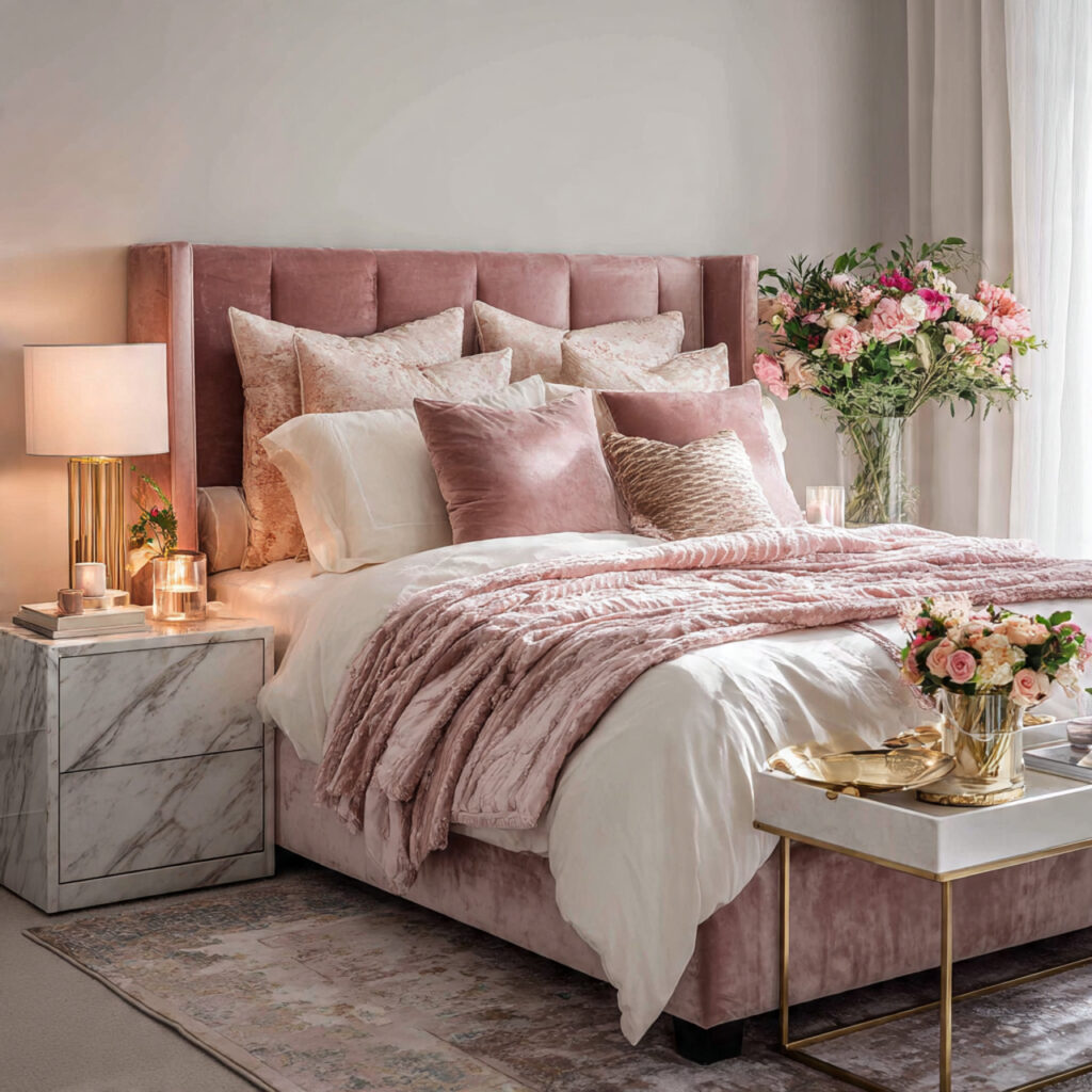 Blush Pink Velvet and Marble Summer Bedroom