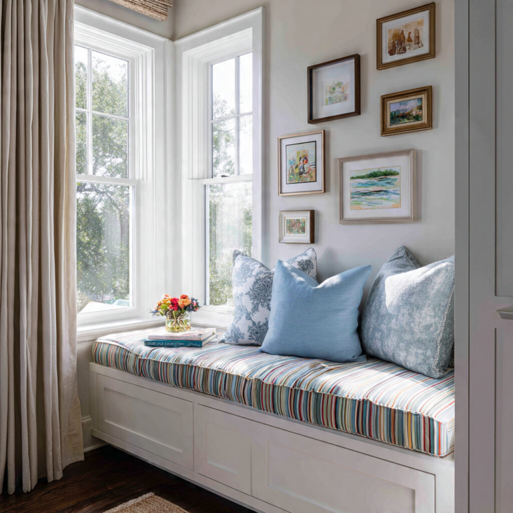 Preppy Summer Window Seat With Striped Cushion and Gallery Wall