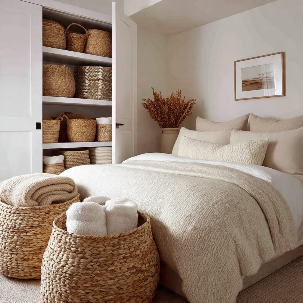 21 Cozy Bedroom Ideas That Make Your Space Warm, Relaxing, and Perfect for Everyday Comfort 15 Use Woven Baskets for Cozy Storage