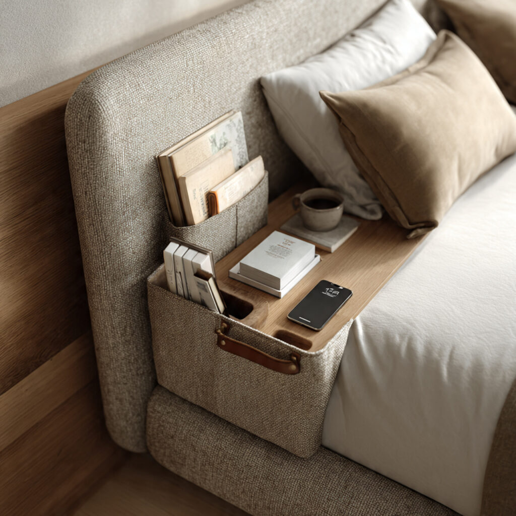 Bedside Pockets or Small Shelf Attached to the Bed Frame
