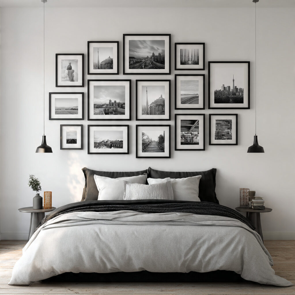 24 Bedroom Ideas for Men That Look Clean, Stylish, and Masculine Upgrade Your Space Today 16 Gallery Wall of Black and White Photography