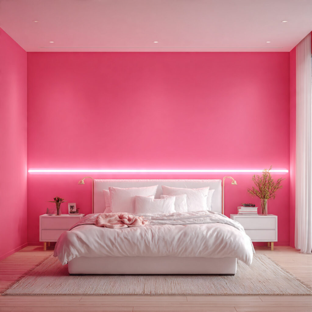 Neon Pink Accent Wall With White and Neutral Furniture