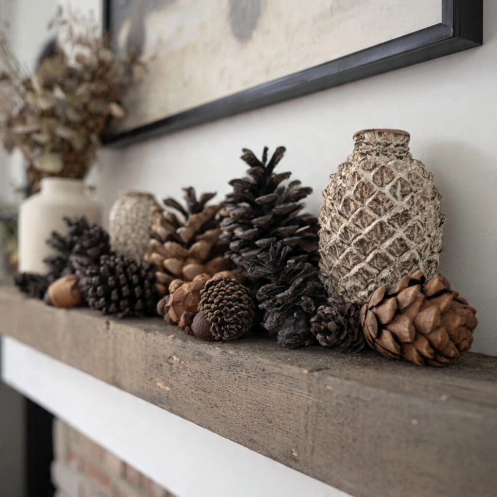 22 Fall Mantel Decorating Ideas for a Cozy Seasonal Refresh 16 Pinecone and Acorn Scatter