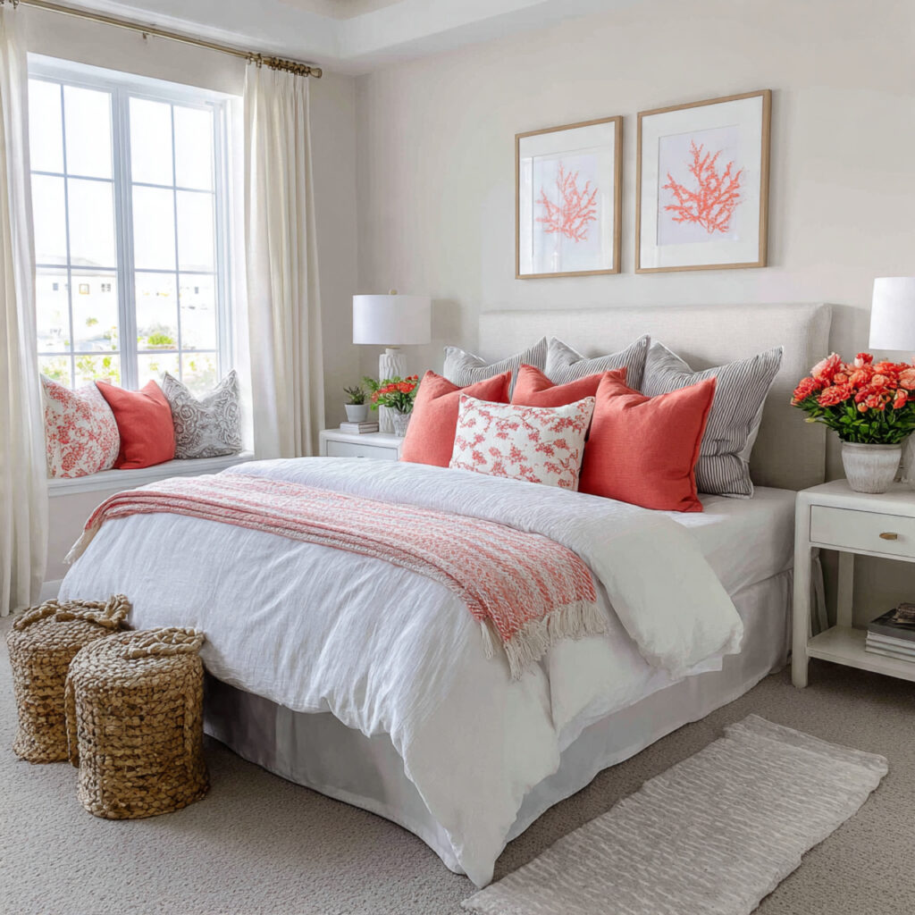 Crisp White and Coral Preppy Summer Bedroom