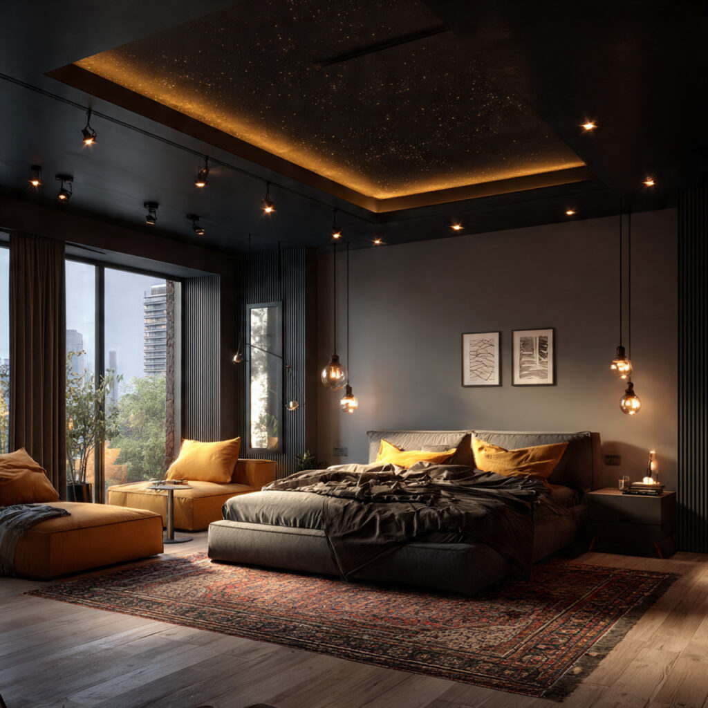24 Bedroom Ideas for Men That Look Clean, Stylish, and Masculine Upgrade Your Space Today 17 Matte Black Ceiling With Warm Ambient Lighting