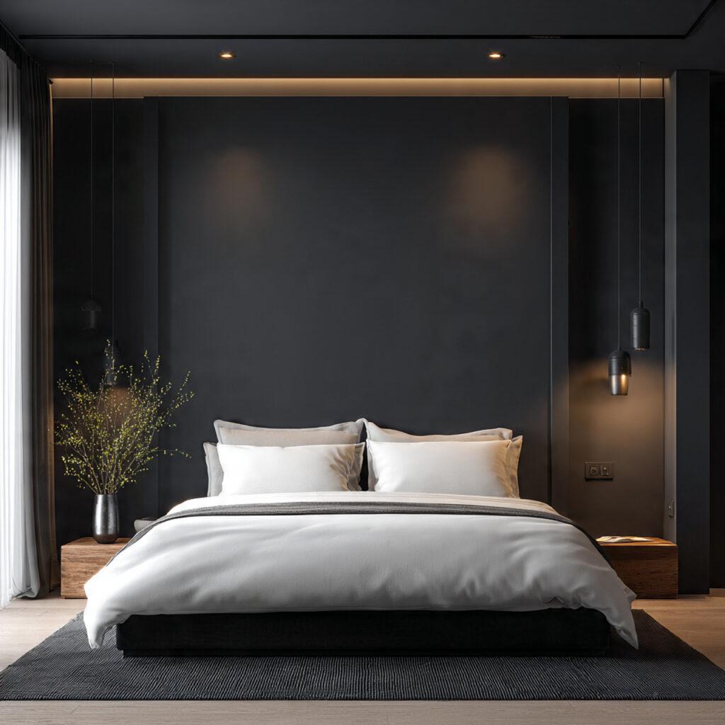27 Modern Bedroom Ideas That Create a Sleek, Elegant, and Pinterest-Perfect Space Instantly 17 Choose a Dark Charcoal or Slate Accent Wall