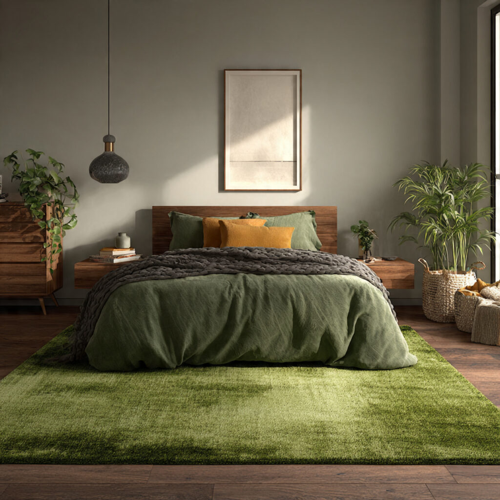 26 Green Bedroom Ideas That Bring Nature, Calm, and Fresh Energy Into Your Bedroom Try This Look 17 Layer a Green Area Rug Beneath the Bed