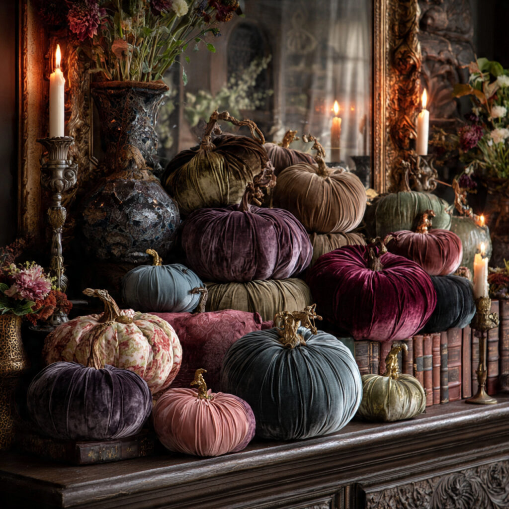 22 Fall Mantel Decorating Ideas for a Cozy Seasonal Refresh 17 Velvet Pumpkins Display
