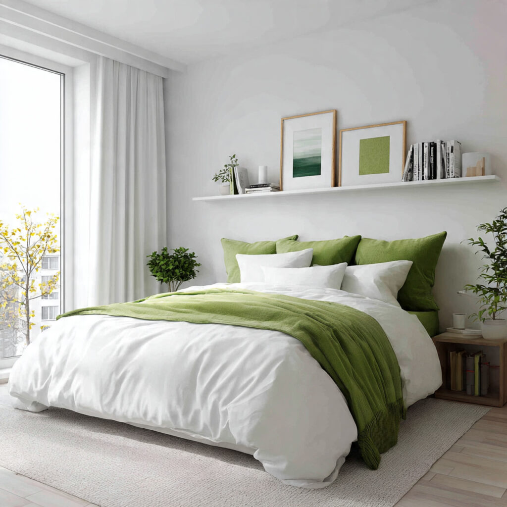 26 Green Bedroom Ideas That Bring Nature, Calm, and Fresh Energy Into Your Bedroom Try This Look 18 Create a Green and White Fresh Minimal Bedroom