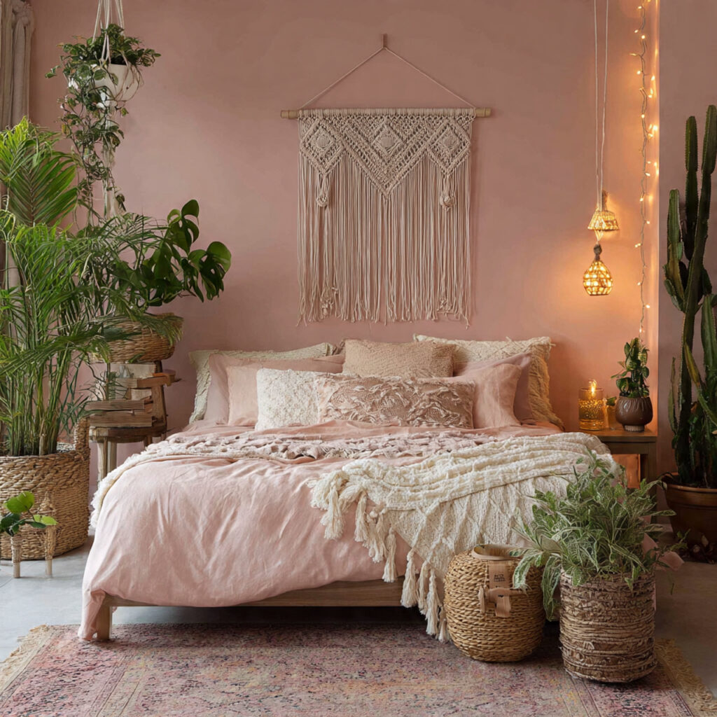 Pink Bohemian Summer Bedroom With Macrame and Layered Textiles