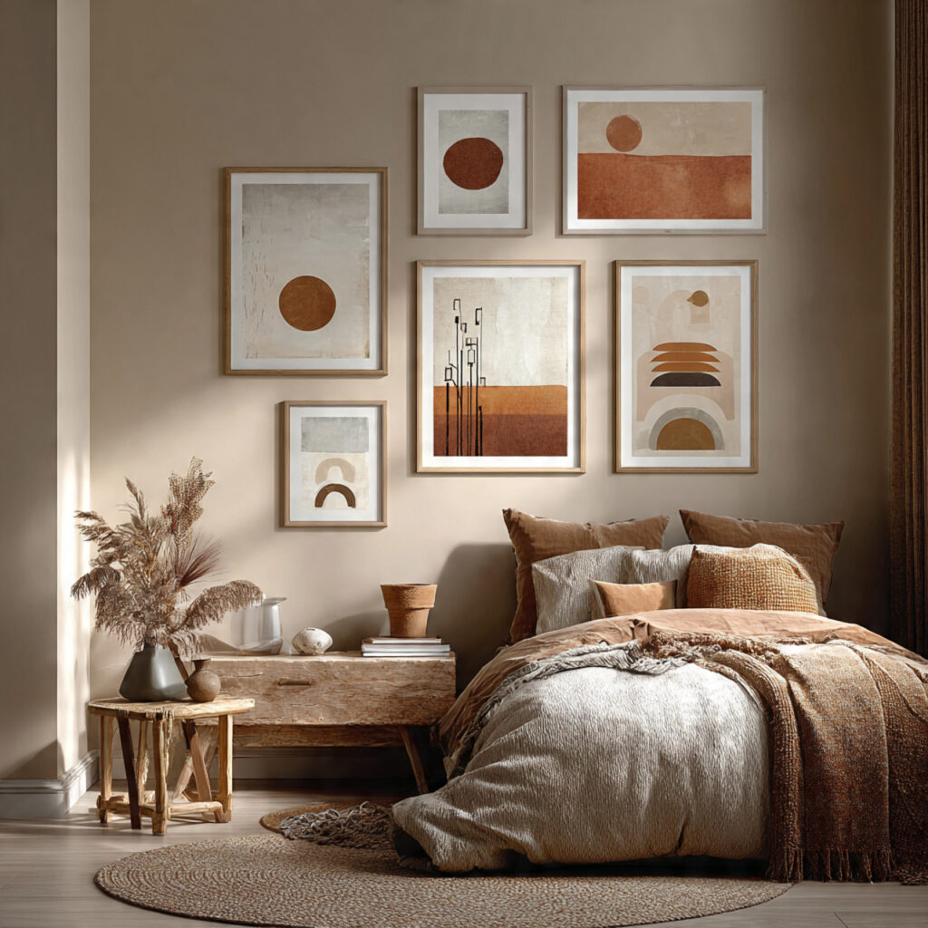21 Cozy Bedroom Ideas That Make Your Space Warm, Relaxing, and Perfect for Everyday Comfort 18 Hang Soft Artwork in Warm, Earthy Tones