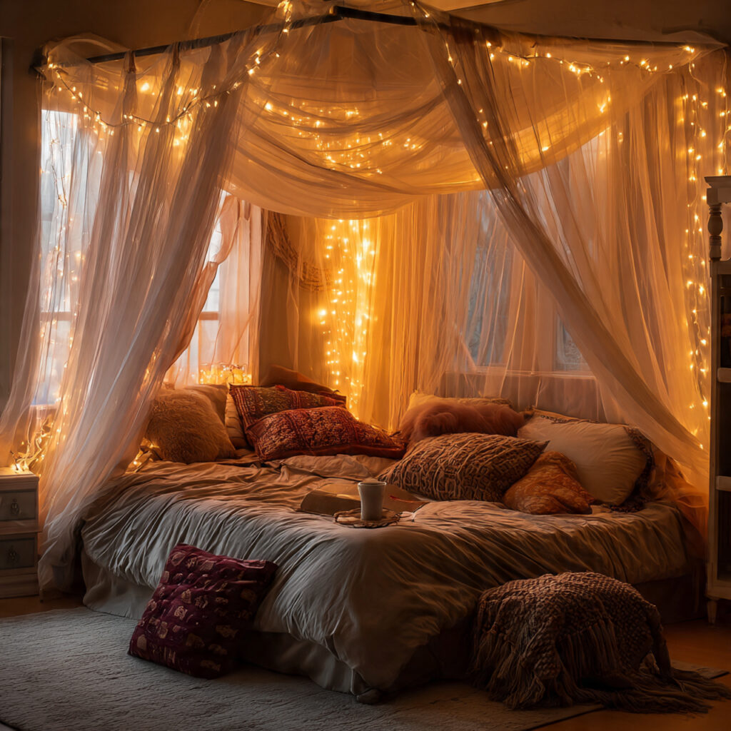 21 Cozy Bedroom Ideas That Make Your Space Warm, Relaxing, and Perfect for Everyday Comfort 19 Add a Fabric Canopy Over the Bed