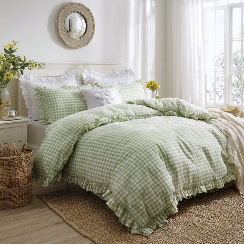 Preppy Green Gingham and White Ruffled Bedding Combo