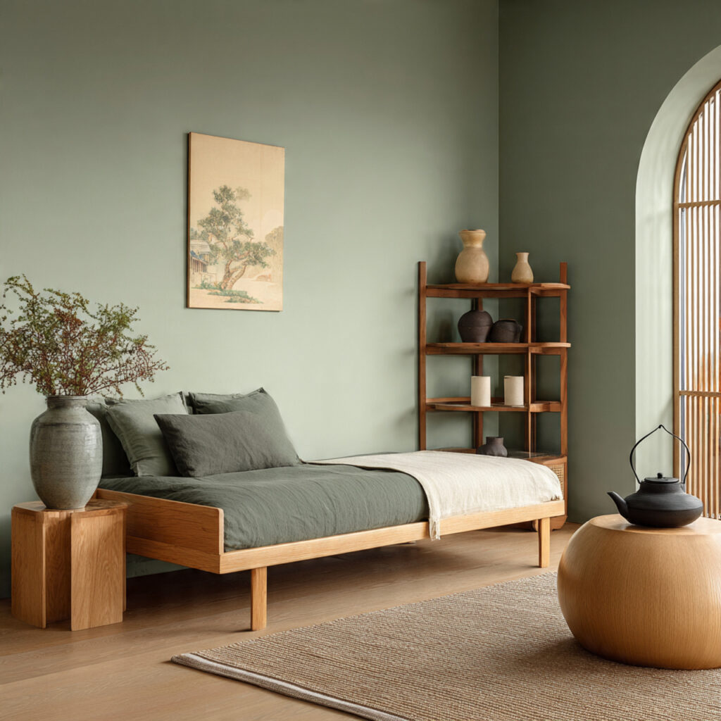 26 Green Bedroom Ideas That Bring Nature, Calm, and Fresh Energy Into Your Bedroom Try This Look 19 Use a Green and Natural Wood Japandi Palette