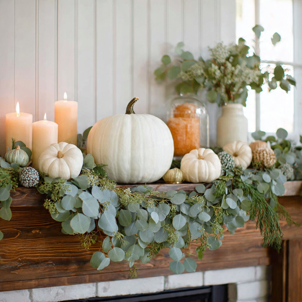 22 Fall Mantel Decorating Ideas for a Cozy Seasonal Refresh 19 Eucalyptus and Greenery