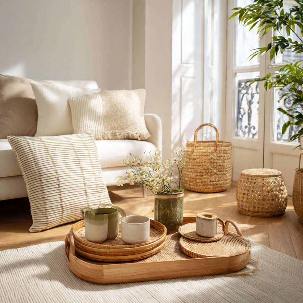 Natural Wood and Rattan Accents