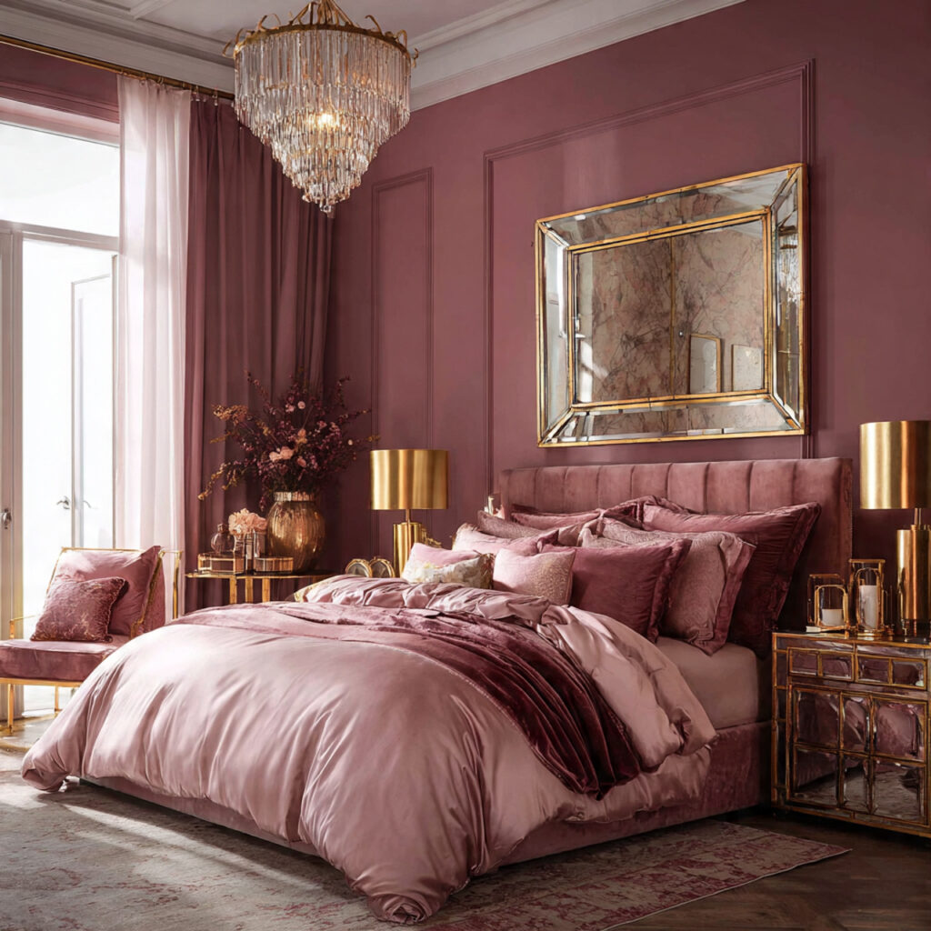 Pink and Gold Glam Bedroom With Mirrored Surfaces