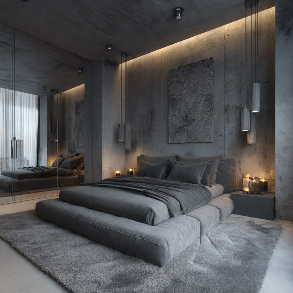 24 Bedroom Ideas for Men That Look Clean, Stylish, and Masculine Upgrade Your Space Today 19 Tonal Grey Bedroom With Layered Lighting Zones