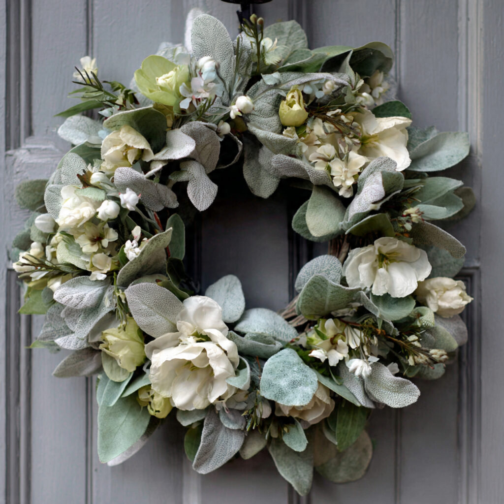 A Lambs Ear and Cream Flower Wreath